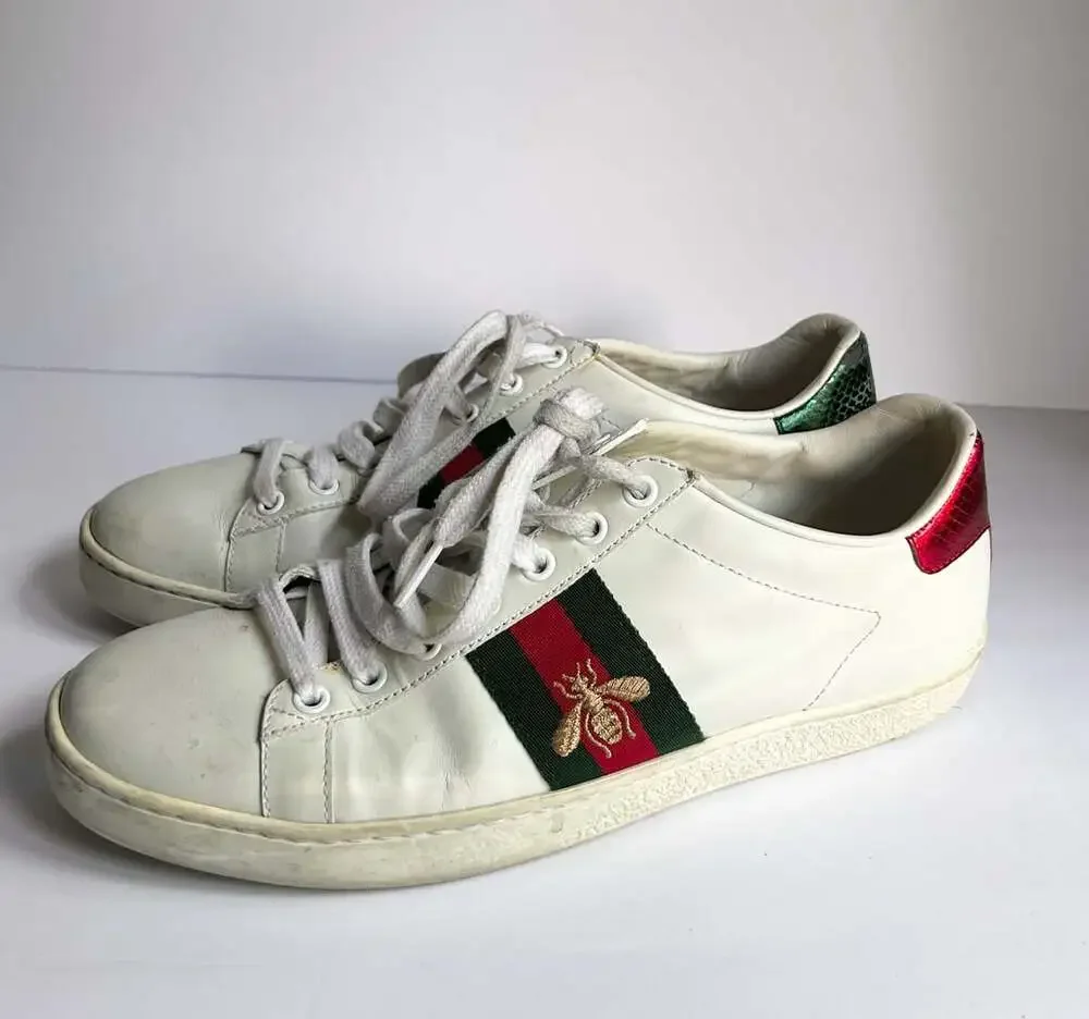 Gucci Ace Embroidered Bee Sneakers with Red and Green Snake-Print Heel Tabs Size